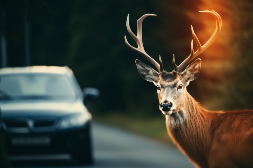photo of large buck (deer) in foreground with an approaching car behind.