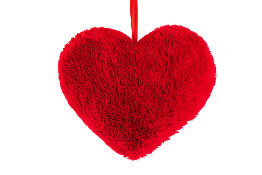 photo of Plush red heart on white background.