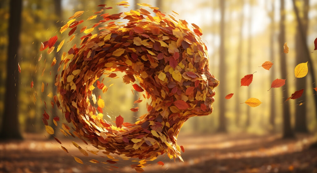 Autumnal head profile fall leaves tornado shape forest; seasonal change nature art.